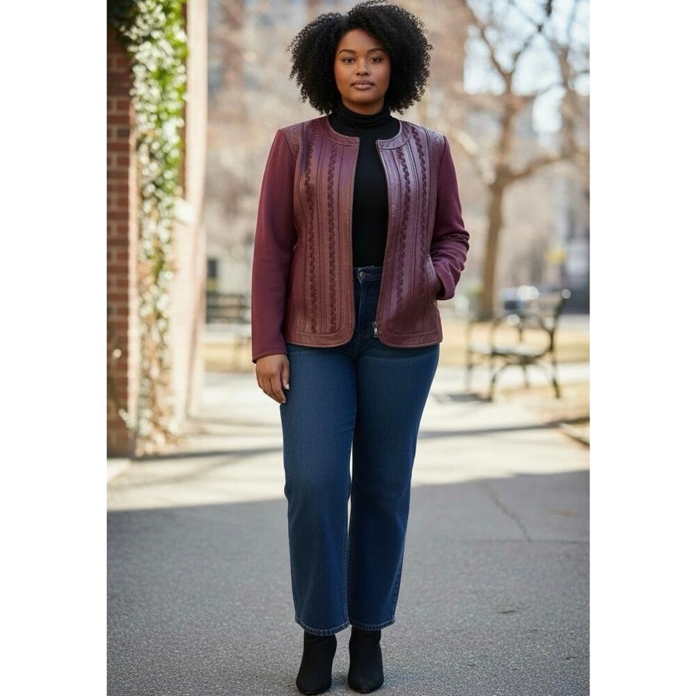 Nygard Sz XL 18-20 Burgundy Full Zip Leather & Jersey Knit Jacket Zig Zag Ribbon